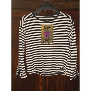 Jessica Simpson Girls Black White Striped Reversible Sequin Eiffel Tower Top L